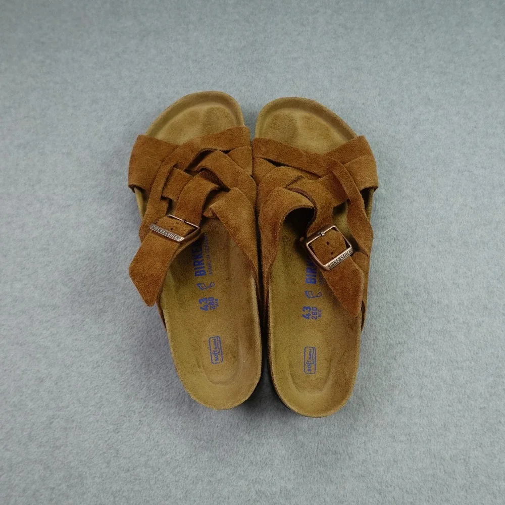 Birkenstock Sandals Men 43 Mink Brown Suede Lugano Soft Footbed Slide